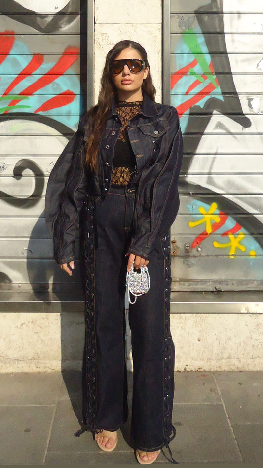 Giacca in denim con lacci in ecopelle
