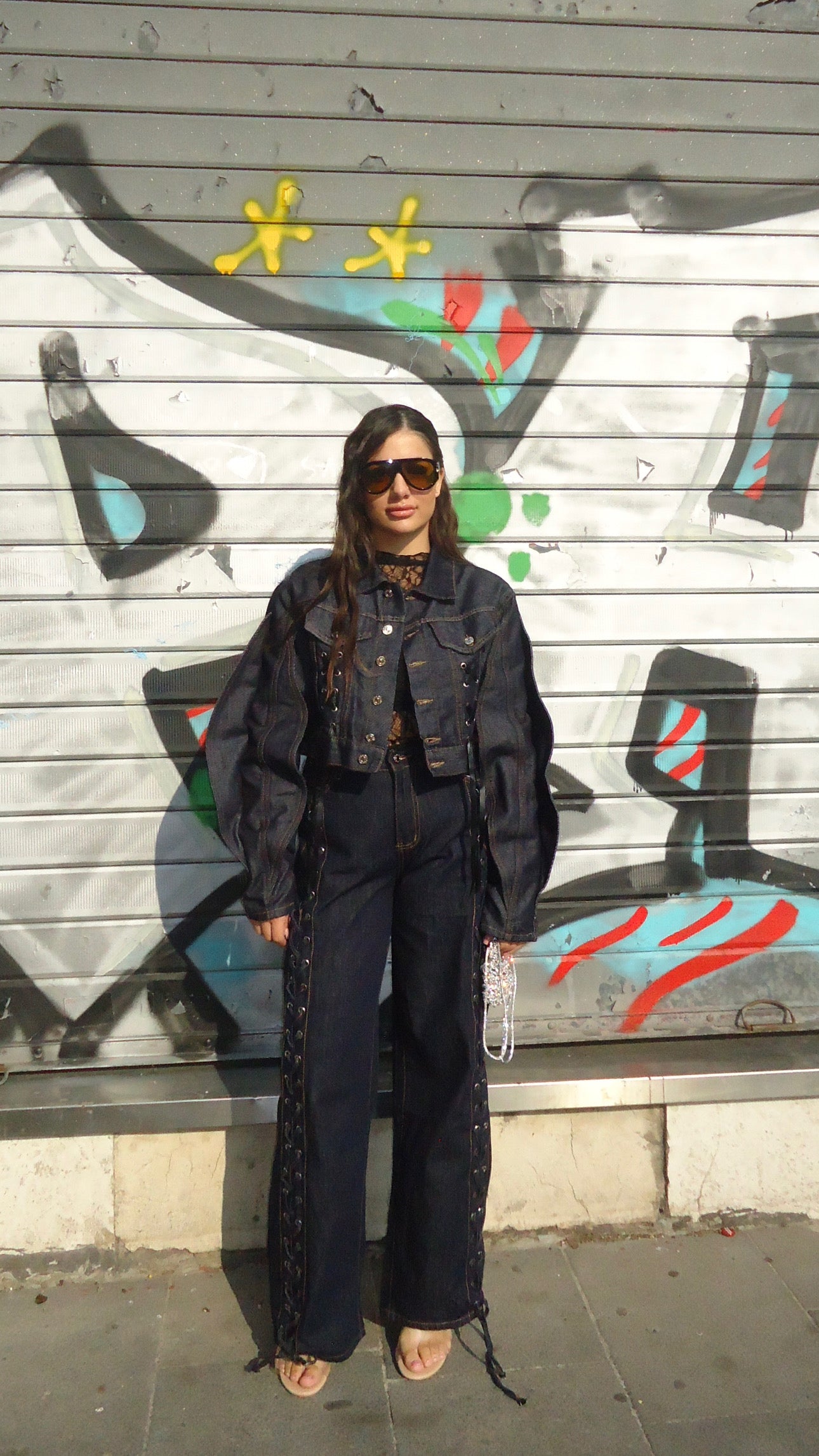 Giacca in denim con lacci in ecopelle